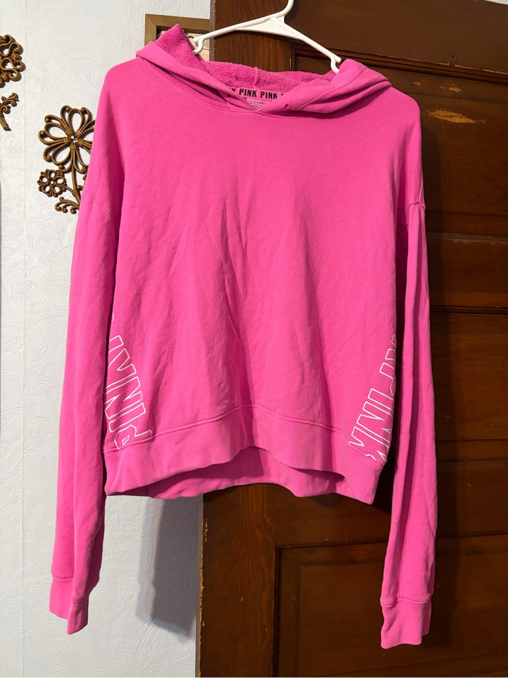PINK Victoria's Secret Cropped Hoodie Sweater in Bright Pink